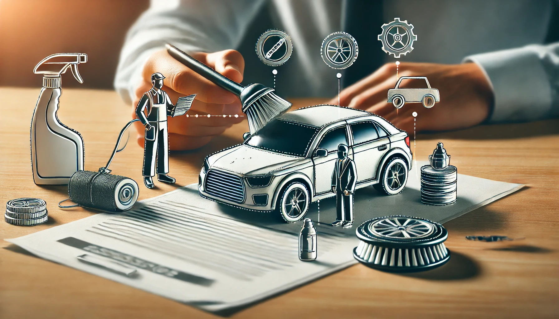 A detailed image showing a person preparing a car for resale, including cleaning, maintenance, and paperwork, symbolizing steps to maximize resale value for a vehicle. The scene focuses on the process of ensuring the car is in excellent condition to sell at a higher price.