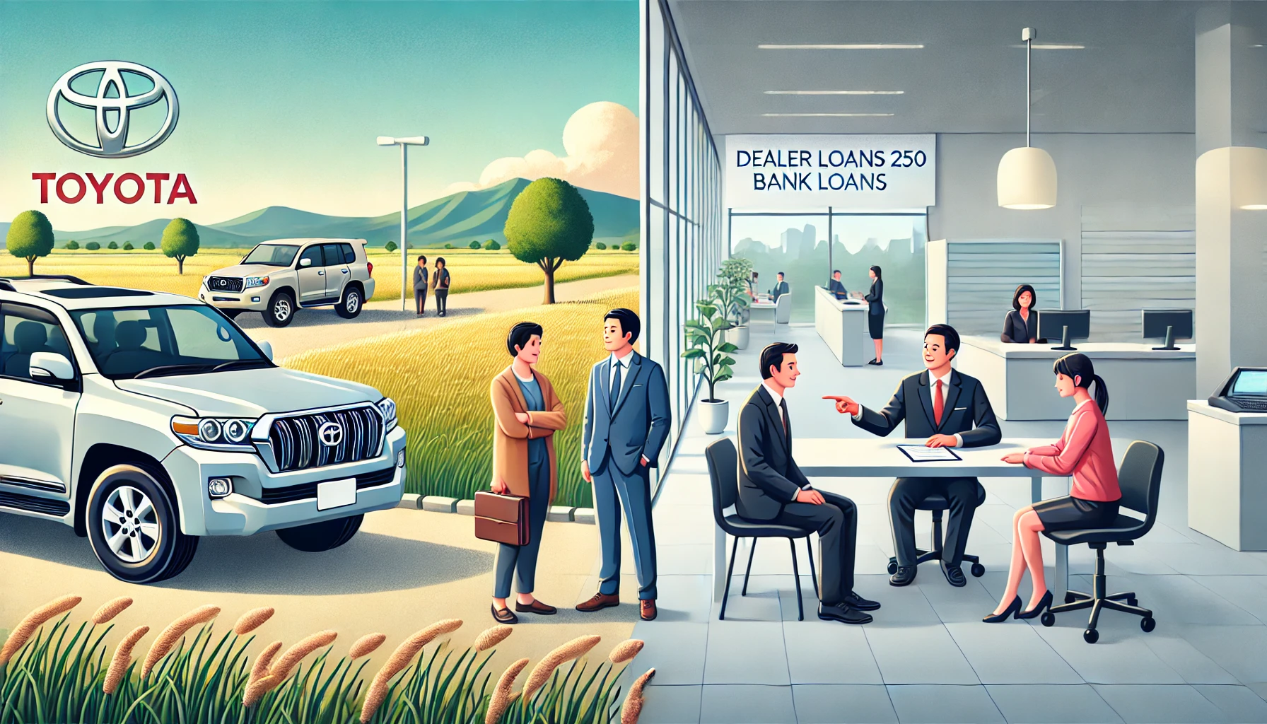 A wide landscape image illustrating the difference between dealer loans and bank loans. On the left side, there is a scene at a car dealership with a Toyota Land Cruiser 250 in front, where a salesperson explains something to a Japanese man and woman looking interested. On the right side, there is a calm bank interior with a Japanese couple consulting a banker in a suit, pointing at a document. The scene is well-lit, clean, and professional, with a focus on the contrast between the dealership and the bank environments.